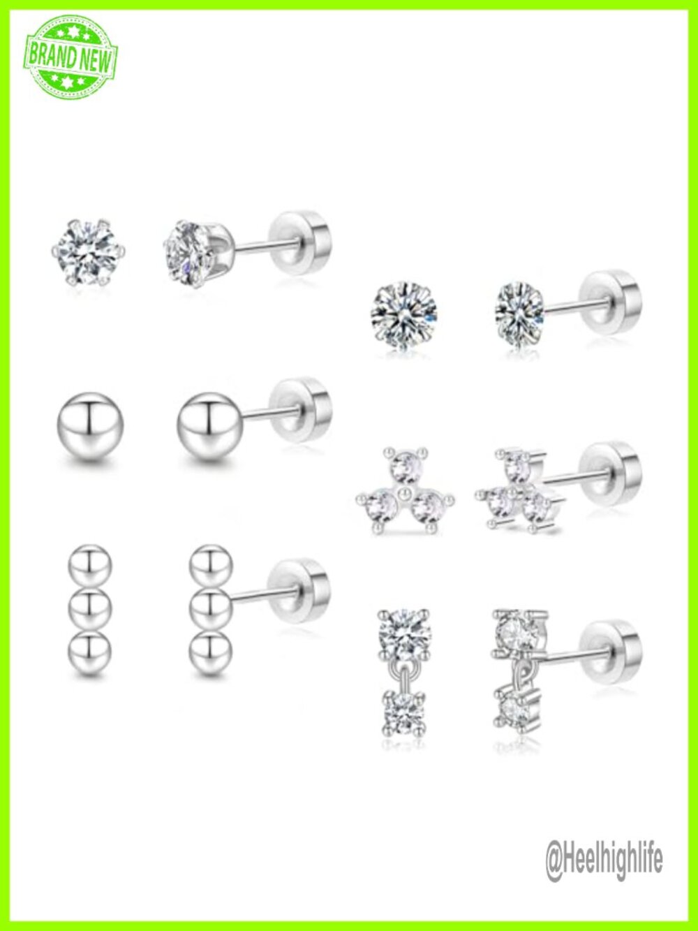 Stainless Steel Flat Back Stud Earrings Set Hypoallergenic 6 Pairs